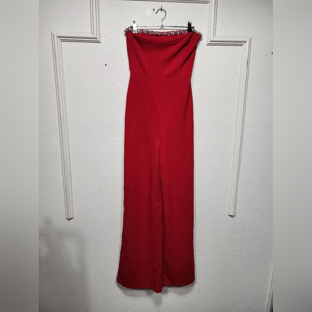 Lulus Lavish Muse Red Rhinestone Strapless Jumpsuit S Wedding Party Prom Evening - Picture 6 of 10